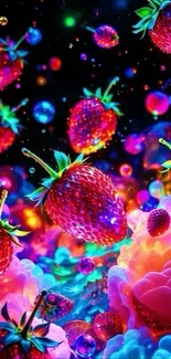 Vibrant neon strawberries in a surreal digital art design.