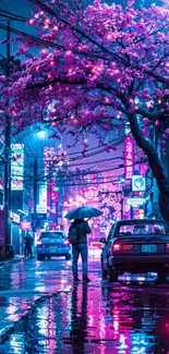 Neon-lit street with cherry blossoms and reflections.