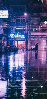 Vibrant neon-lit city street at night with reflections on wet pavement.