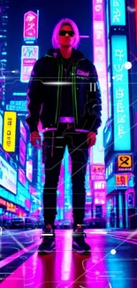 Man in neon-lit urban street with vibrant colors and futuristic vibe.