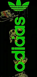 Neon Adidas logo with space theme in black background.