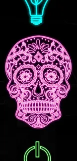 Neon sugar skull wallpaper with vibrant colors and artistic design.