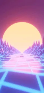 Futuristic neon sunset over geometric landscape.