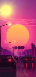 Neon sunset cityscape with retro cars in a vibrant magenta glow.