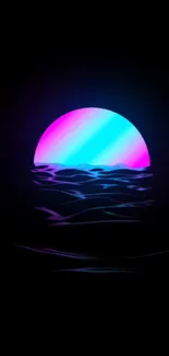 Neon pink and blue sunset over dark ocean wallpaper.