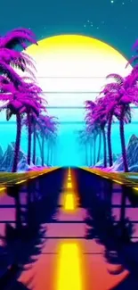 Vibrant neon sunset with palms and road, surreal art.