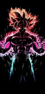 Neon Super Saiyan character with glowing aura on black background.