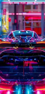 Sleek supercar in neon-lit futuristic garage.