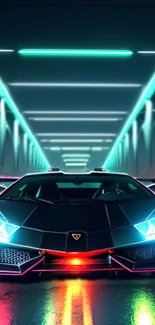 Futuristic neon-lit car in vibrant tunnel scene.