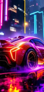 Neon supercar speeding in a rainy city with vibrant lights.