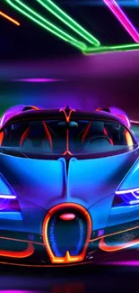 Futuristic neon supercar with glowing lights on a vibrant background.