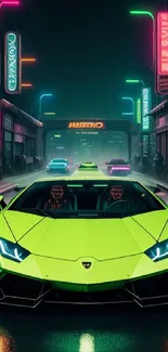 Vibrant neon scene with green supercar in cityscape.