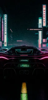 Futuristic supercar under neon lights in a cyberpunk cityscape at night.