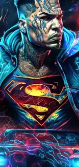 Neon superhero digital art mobile wallpaper with vibrant colors.