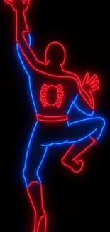 Neon superhero outlined in red and blue against black.