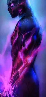 Neon superhero with glowing purple energy in captivating mobile wallpaper.