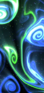 Neon swirl galaxy wallpaper with vibrant blues and greens.