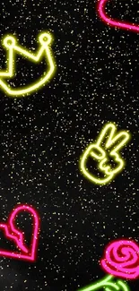 Neon hearts, crown, peace sign, and rose on dark wallpaper.