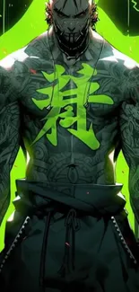 Neon tattooed warrior with vivid green design.