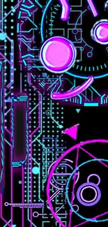 Futuristic neon tech circuit design in pink and black for mobile wallpaper.