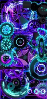 Neon-themed gear design wallpaper with vibrant blue and purple hues.