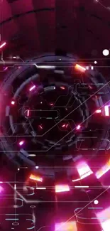 Futuristic neon magenta spiral with digital circuits.