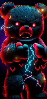 Fierce neon teddy bear with electric effects on dark background.