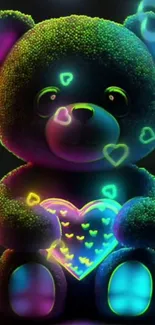 Neon teddy bear with glowing heart.