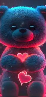 Neon teddy bear holding glowing hearts, with a vibrant pink and blue color scheme.