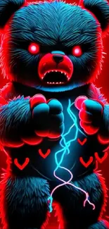 Neon teddy bear with electric features and glowing red eyes.