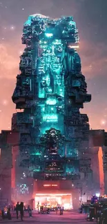 Futuristic temple with neon lights at sunset.