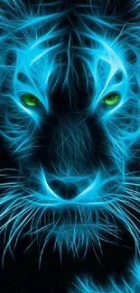 Neon blue abstract tiger with glowing green eyes wallpaper.