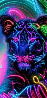 Vibrant neon artwork of a tiger with colorful geometric lines.