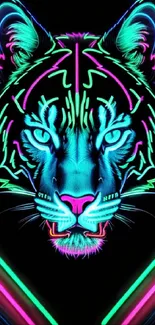 Neon tiger with vibrant colors in blue, pink, and green glowing on a dark background.