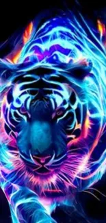 Neon tiger with blue and orange glow, perfect for phone wallpaper.