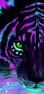 Neon tiger wallpaper with vibrant colors and striking green eyes.