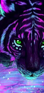 Neon tiger with green eyes and vibrant purple hues.