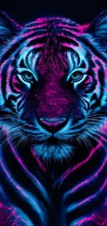 Neon glowing tiger art wallpaper with dark blue and pink hues.