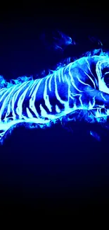 Dynamic neon tiger leaping in electric blue on a dark background.