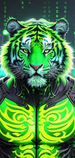 A futuristic neon green tiger design with a cyberpunk aesthetic.