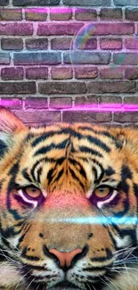 Fierce tiger with neon effects against a brick wall.