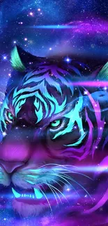 Neon tiger in a cosmic galaxy background wallpaper.