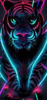 Neon tiger with glowing stripes in dark setting, vibrant pink and blue hues.