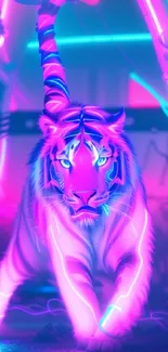 Neon tiger digital art with vibrant pink and blue lights.