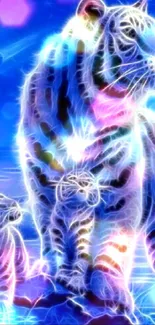 Neon abstract art of a tiger family under a cosmic sky.