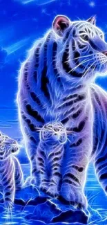 Majestic neon tiger family in moonlit blue glow.