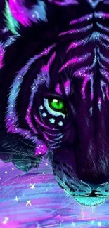 Neon tiger with glowing green eyes in vibrant fantasy style.