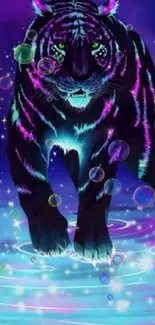 Neon tiger in a mystical digital art setting with vibrant purple and blue hues.