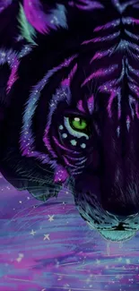 Neon tiger with purple hues in fantasy setting.