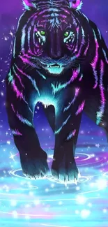 Neon tiger walking through a fantasy galaxy scene.